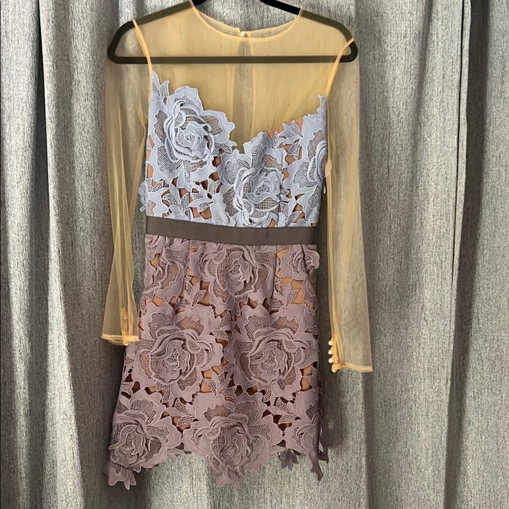 Self-Portrait Sheer Gold, Blue and Lavender Lace Dress